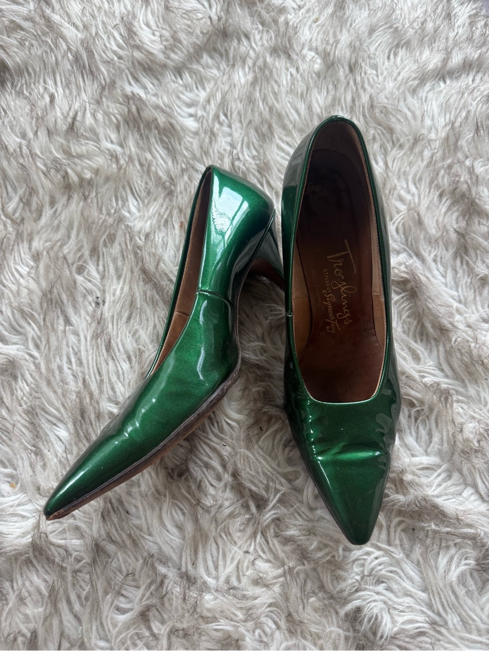 1960s Vintage Seymour Troy Troylings Emerald Green Metallic Leather Heels